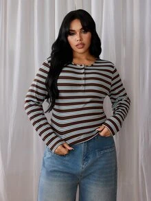 Rustia Plus Size Striped Long Sleeve T-Shirt, Blue And Brown, Half-Open Collar, Casual Autumn/Winter Fall - Multicolor - View 4