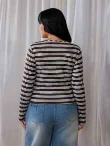 Rustia Plus Size Striped Long Sleeve T-Shirt, Blue And Brown, Half-Open Collar, Casual Autumn/Winter Fall - Multicolor - View 2