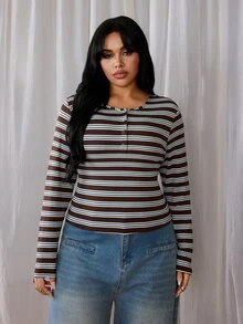 Rustia Plus Size Striped Long Sleeve T-Shirt, Blue And Brown, Half-Open Collar, Casual Autumn/Winter Fall - Multicolor - View 7