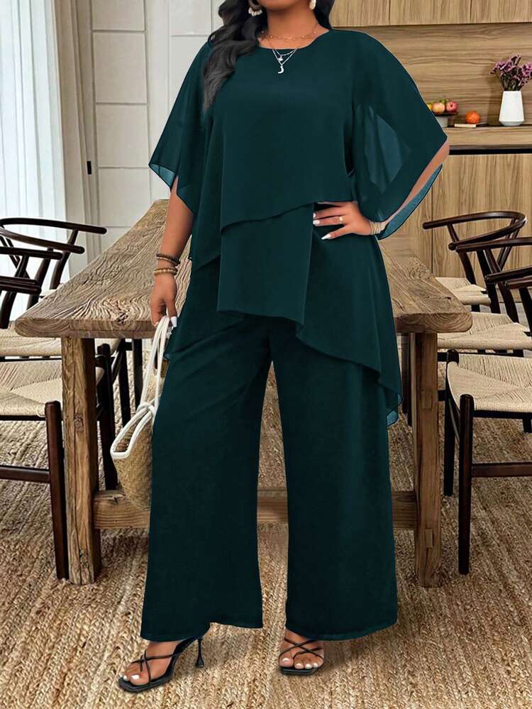 EMERY ROSE Conjunto informal de 2 piezas de blusa asimétrica con cruce y volantes en las mangas de tipo flor de gasa talla grande + pantalón amplio de gasa en capas para trabajo y vacaciones - Verde Oscuro - Añade 8