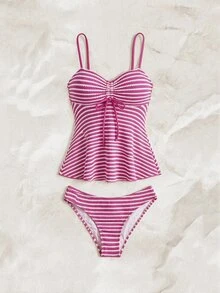 SHEIN Swim Summer New Sexy Slim Fit Backless Striped Spaghetti Strap Two Pieces Set Ruffle Top Triangle Bottom Small Bust Push-Up Tankini Bikini Swimwear For Women Girls Sweet Hot Spring Beach Vacation Birthday Party - Hot Pink - View 2