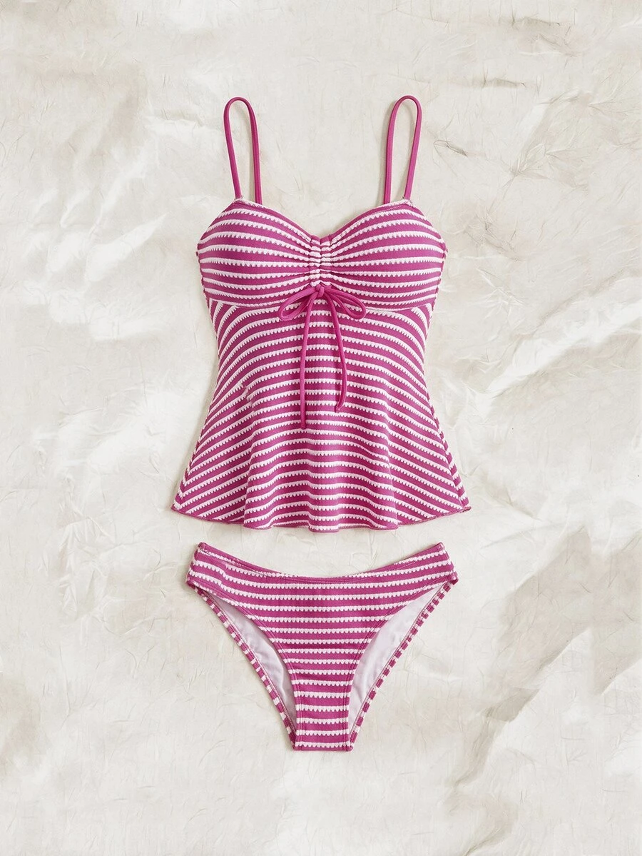 SHEIN Swim Summer New Sexy Slim Fit Backless Striped Spaghetti Strap Two Pieces Set Ruffle Top Triangle Bottom Small Bust Push-Up Tankini Bikini Swimwear For Women Girls Sweet Hot Spring Beach Vacation Birthday Party