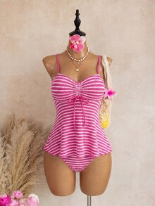 SHEIN Swim Summer New Sexy Slim Fit Backless Striped Spaghetti Strap Two Pieces Set Ruffle Top Triangle Bottom Small Bust Push-Up Tankini Bikini Swimwear For Women Girls Sweet Hot Spring Beach Vacation Birthday Party - Hot Pink - View 4