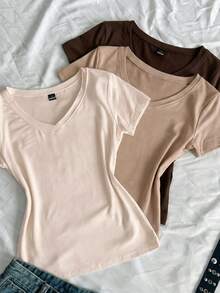 SHEIN EZwear 3件組女款春夏V領修身T恤，龐克次文化動漫風素色基本款短袖修身T恤 - 彩色 - 查看 8