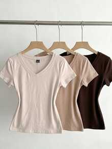 SHEIN EZwear 3件組女款春夏V領修身T恤，龐克次文化動漫風素色基本款短袖修身T恤 - 彩色 - 查看 10