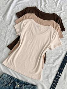 SHEIN EZwear 3件組女款春夏V領修身T恤，龐克次文化動漫風素色基本款短袖修身T恤 - 彩色 - 查看 9