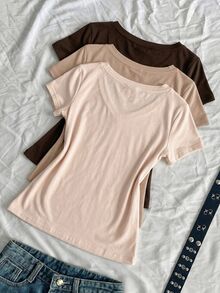 SHEIN EZwear 3件組女款春夏V領修身T恤，龐克次文化動漫風素色基本款短袖修身T恤 - 彩色 - 查看 2