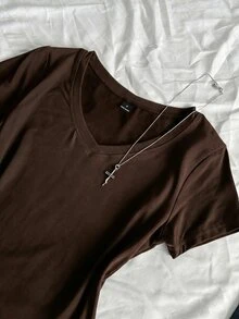 SHEIN EZwear 3件組女款春夏V領修身T恤，龐克次文化動漫風素色基本款短袖修身T恤 - 彩色 - 查看 4
