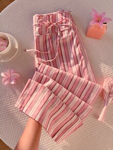 Comfortcana Women's Waist Tie Striped Wide Leg Loose Casual Long Pants - Pink - View 5