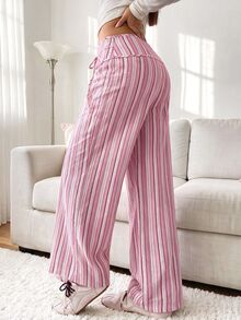 Comfortcana Women's Waist Tie Striped Wide Leg Loose Casual Long Pants - Pink - View 2