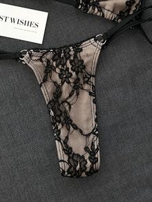 Elavelle 女款沙灘蕾絲掛脖綁帶性感比基尼兩件式泳衣套裝 - 黑色 - 查看 9