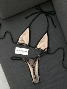 Elavelle 女款沙灘蕾絲掛脖綁帶性感比基尼兩件式泳衣套裝 - 黑色 - 查看 2