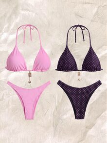 SHEIN Swim 2026春夏波点四件套泳装，粉色+紫色，高端沙滩度假比基尼套装 - 彩色 - 查看 1