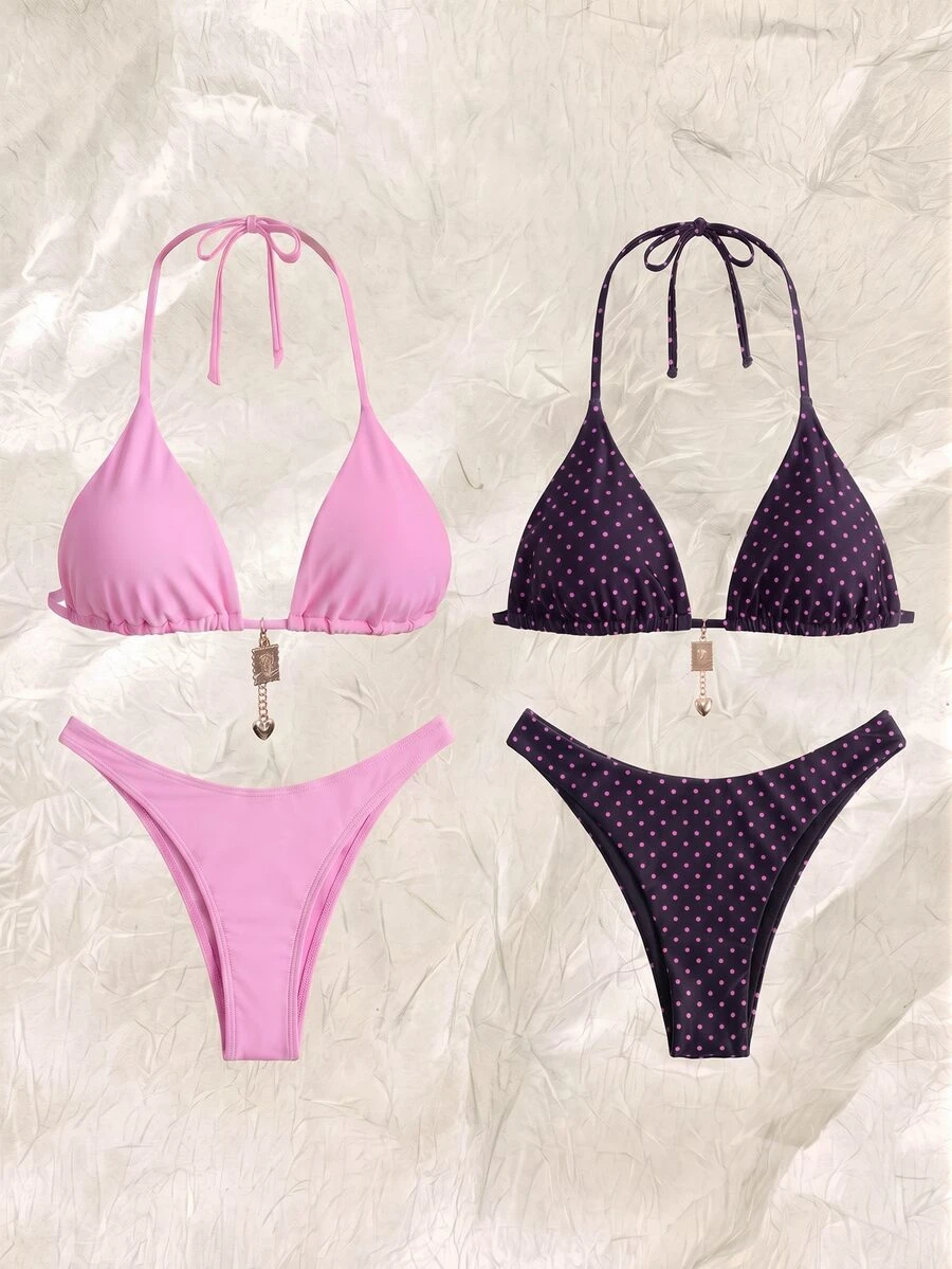 SHEIN Swim 2026春夏波点四件套泳装,粉色+紫色,高端沙滩度假比基尼套装 - 彩色 - 查看 1