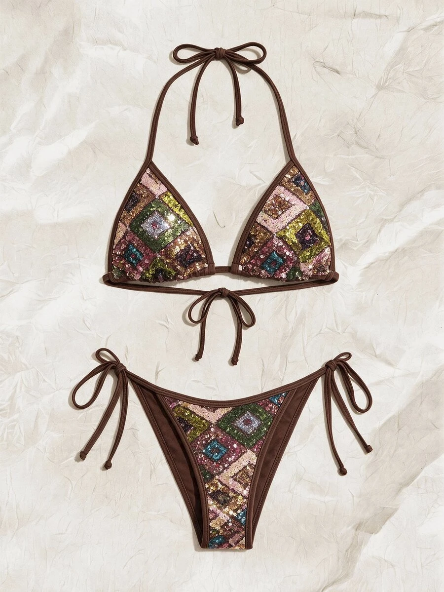 Elavelle 2pcs Spring/Summer Vacation Floral Sequin Textured Fabric Halter Triangle Bikini Top And Side Tie Bikini Bottom Sexy Women's Swimwear Set - Multicolor - View 1