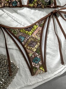 Elavelle 2pcs Spring/Summer Vacation Floral Sequin Textured Fabric Halter Triangle Bikini Top And Side Tie Bikini Bottom Sexy Women's Swimwear Set - Multicolor - View 5