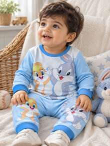 LOONEY TUNES X SHEIN Baby Boy Cartoon Print Long Sleeve Top And Leggings Loungewear Set - Blue - View 2