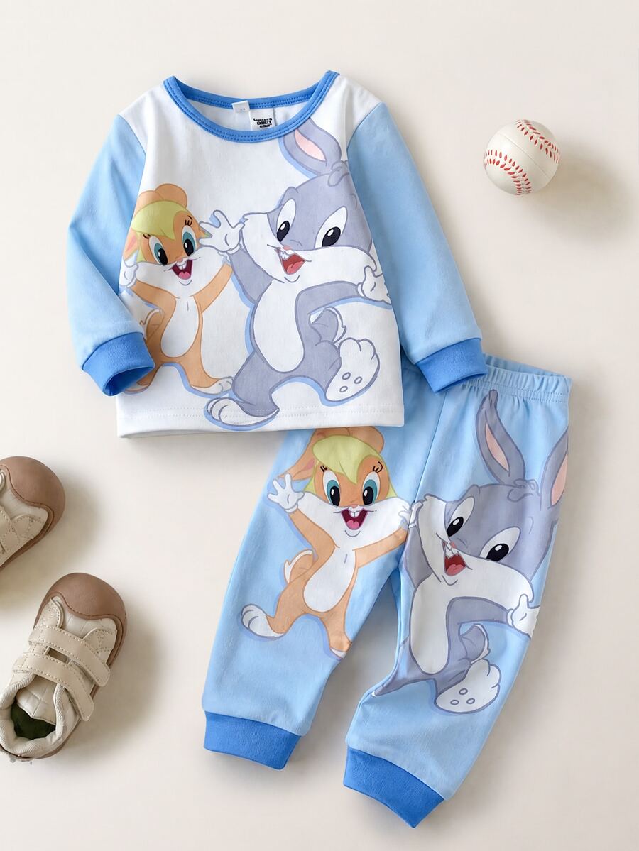 LOONEY TUNES X SHEIN Baby Boy Cartoon Print Long Sleeve Top And Leggings Loungewear Set - Blue - View 1