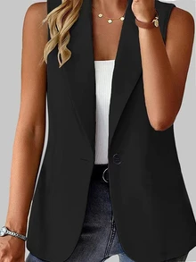Vionelle Plus Size Women's Solid Color Minimalist Casual Sleeveless Blazer Vest - Black - View 3