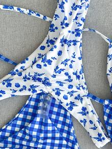 SHEIN Swim 2026 Spring/Summer 4pcs Set Blue & White Plaid + Blue Ditsy Floral Bikini Swimwear Set, Beach Holiday - Multicolor - View 10