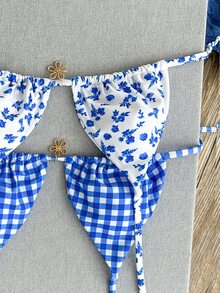 SHEIN Swim 2026 Spring/Summer 4pcs Set Blue & White Plaid + Blue Ditsy Floral Bikini Swimwear Set, Beach Holiday - Multicolor - View 8