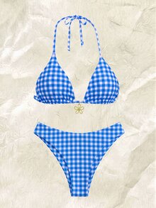 SHEIN Swim 2026 Spring/Summer 4pcs Set Blue & White Plaid + Blue Ditsy Floral Bikini Swimwear Set, Beach Holiday - Multicolor - View 3