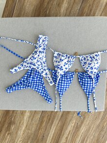 SHEIN Swim 2026 Spring/Summer 4pcs Set Blue & White Plaid + Blue Ditsy Floral Bikini Swimwear Set, Beach Holiday - Multicolor - View 6