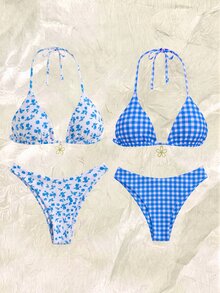 SHEIN Swim 2026 Spring/Summer 4pcs Set Blue & White Plaid + Blue Ditsy Floral Bikini Swimwear Set, Beach Holiday - Multicolor - View 1