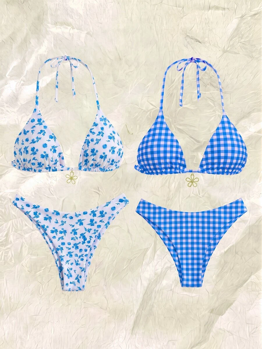 SHEIN Swim 2026 Spring/Summer 4pcs Set Blue & White Plaid + Blue Ditsy Floral Bikini Swimwear Set, Beach Holiday - Multicolor - View 1
