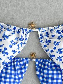 SHEIN Swim 2026 Spring/Summer 4pcs Set Blue & White Plaid + Blue Ditsy Floral Bikini Swimwear Set, Beach Holiday - Multicolor - View 11