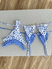 SHEIN Swim 2026 Spring/Summer 4pcs Set Blue & White Plaid + Blue Ditsy Floral Bikini Swimwear Set, Beach Holiday - Multicolor - View 4