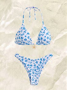 SHEIN Swim 2026 Spring/Summer 4pcs Set Blue & White Plaid + Blue Ditsy Floral Bikini Swimwear Set, Beach Holiday - Multicolor - View 2