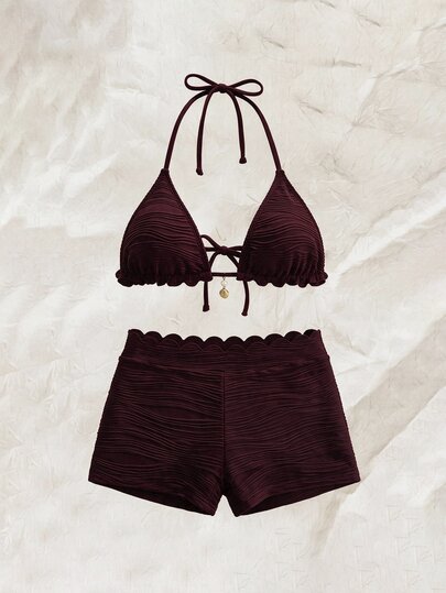 Elavelle Set Bikini Wanita 2 Potong Warna Hitam dengan Tekstur Bergelombang, Desain Renda dengan Celana Pendek Wanita, Hiasan Liontin Emas, Set Pakaian Renang Gaya Liburan