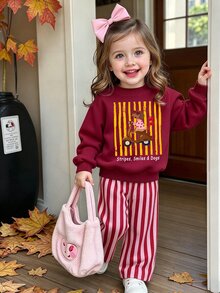 Setelan Baju Terusan dan Celana Panjang Lebar Motif Kartun Anak Anjing, Hati dan Garis-garis untuk Bayi Perempuan, Warna Merah Muda Mawar Putih, Musim Gugur dan Musim Dingin, 2 Potong - MultiWarna - View 3