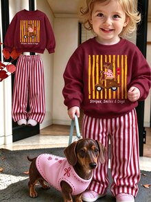 Setelan Baju Terusan dan Celana Panjang Lebar Motif Kartun Anak Anjing, Hati dan Garis-garis untuk Bayi Perempuan, Warna Merah Muda Mawar Putih, Musim Gugur dan Musim Dingin, 2 Potong - MultiWarna - View 1