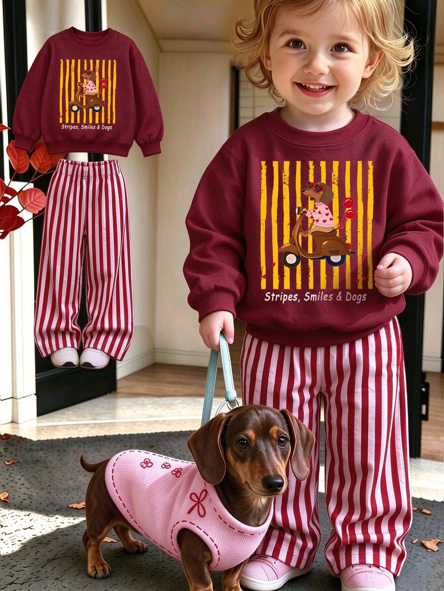 Setelan Baju Terusan dan Celana Panjang Lebar Motif Kartun Anak Anjing, Hati dan Garis-garis untuk Bayi Perempuan, Warna Merah Muda Mawar Putih, Musim Gugur dan Musim Dingin, 2 Potong - MultiWarna - View 1