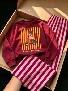 Setelan Baju Terusan dan Celana Panjang Lebar Motif Kartun Anak Anjing, Hati dan Garis-garis untuk Bayi Perempuan, Warna Merah Muda Mawar Putih, Musim Gugur dan Musim Dingin, 2 Potong - MultiWarna - View 4