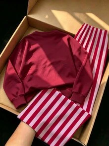 Setelan Baju Terusan dan Celana Panjang Lebar Motif Kartun Anak Anjing, Hati dan Garis-garis untuk Bayi Perempuan, Warna Merah Muda Mawar Putih, Musim Gugur dan Musim Dingin, 2 Potong - MultiWarna - View 2