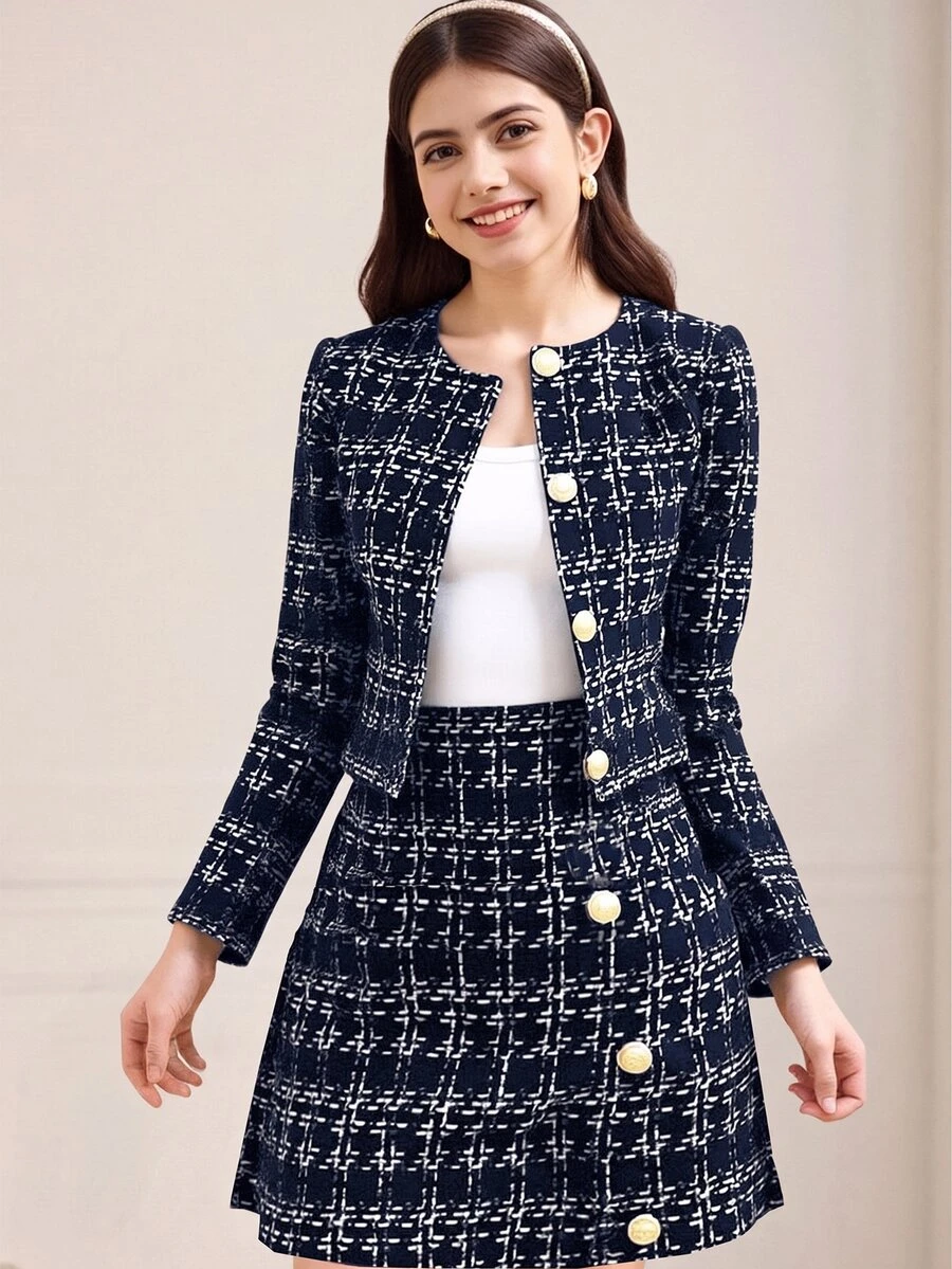 SHEIN Teen Girl Casual Minimalist Comfortable Round Neck Cardigan & Skirt Set - Navy Blue - View 1