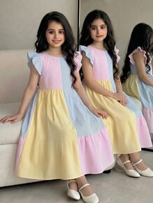 SHEIN Tween Girl Casual Daily Versatile Comfortable Patchwork Colorblock Short Flutter Sleeve Dress Tween Girl - Multicolor - View 1