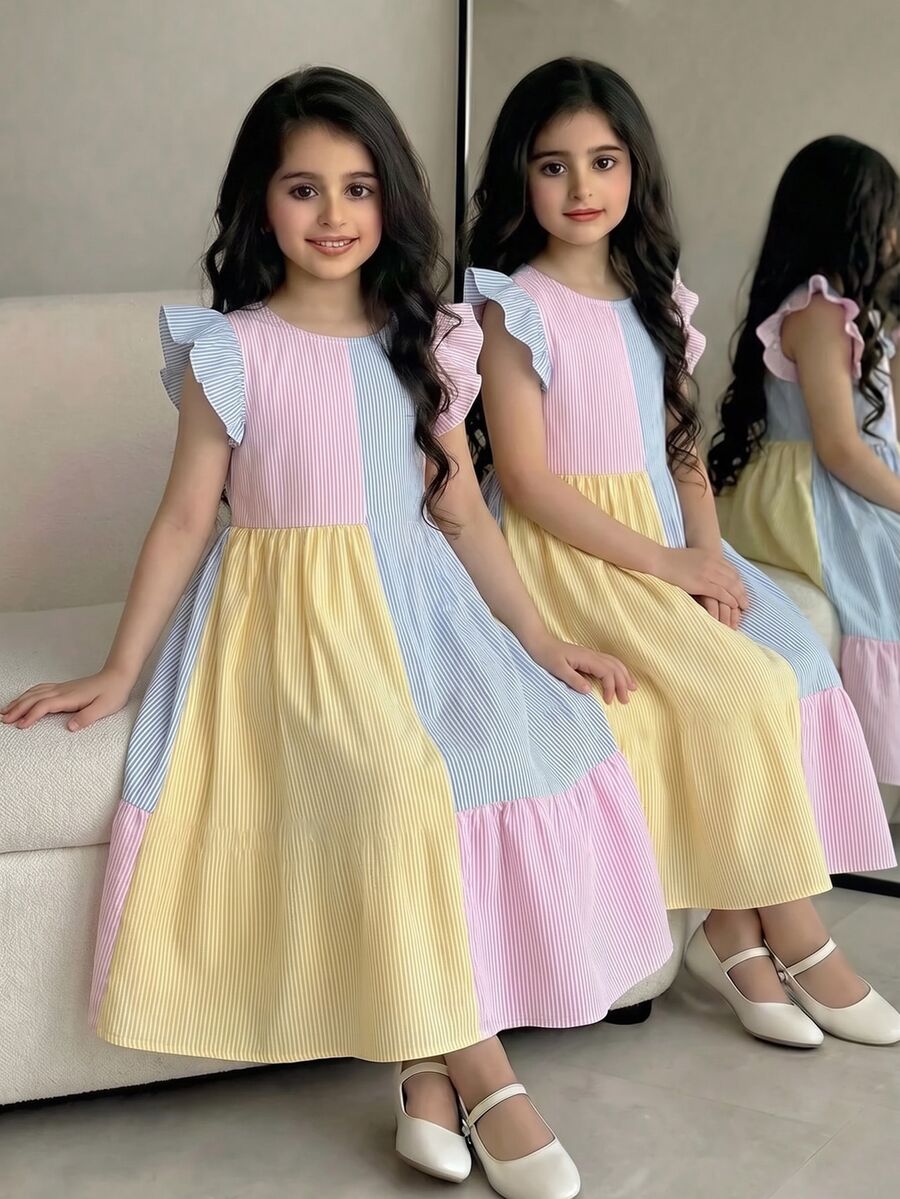 SHEIN Tween Girl Casual Daily Versatile Comfortable Patchwork Colorblock Short Flutter Sleeve Dress Tween Girl - Multicolor - View 1