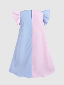 SHEIN Tween Girl Casual Daily Versatile Comfortable Patchwork Colorblock Short Flutter Sleeve Dress Tween Girl - Multicolor - View 2