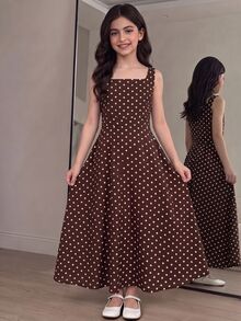 SHEIN 青少年女孩編織波點休閒洋裝 - 棕色 - 查看 1