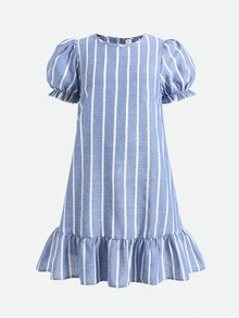 Tween Girl Round Neck Puff Short Sleeve Woven Striped Blue & White Patchwork Ruffle Hem Loose A-Line Dress, Casual School Style For Vacation And Back To School Season - Blue - View 2