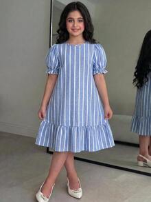 Tween Girl Round Neck Puff Short Sleeve Woven Striped Blue & White Patchwork Ruffle Hem Loose A-Line Dress, Casual School Style For Vacation And Back To School Season - Blue - View 4