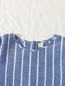 Tween Girl Round Neck Puff Short Sleeve Woven Striped Blue & White Patchwork Ruffle Hem Loose A-Line Dress, Casual School Style For Vacation And Back To School Season - Blue - View 7