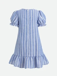 Tween Girl Round Neck Puff Short Sleeve Woven Striped Blue & White Patchwork Ruffle Hem Loose A-Line Dress, Casual School Style For Vacation And Back To School Season - Blue - View 6