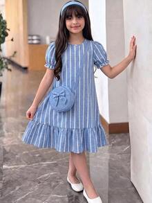 Tween Girl Round Neck Puff Short Sleeve Woven Striped Blue & White Patchwork Ruffle Hem Loose A-Line Dress, Casual School Style For Vacation And Back To School Season - Blue - View 3