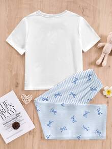 SHEIN 2pcs/Set Tween Girls Casual Loungewear Set - Round Neck Short Sleeve Shirt & Wide Leg Pants - Multicolor - View 2