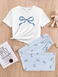 SHEIN 2pcs/Set Tween Girls Casual Loungewear Set - Round Neck Short Sleeve Shirt & Wide Leg Pants - Multicolor - View 5